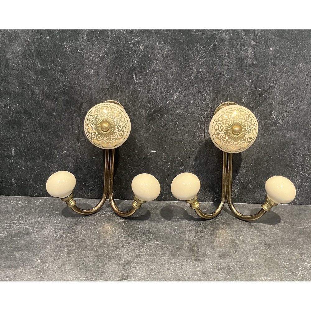 2 Ornate Double Wall Coat Hook Cream and Gold Filigree Vintage Style